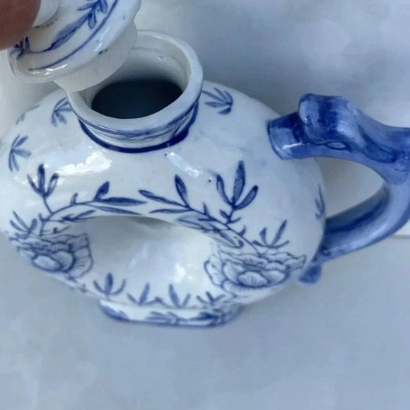 Vintage Collection Doughnut Shape Floral Print Chinese Porcelain Teapot Blue Whi - Picture 5 of 8
